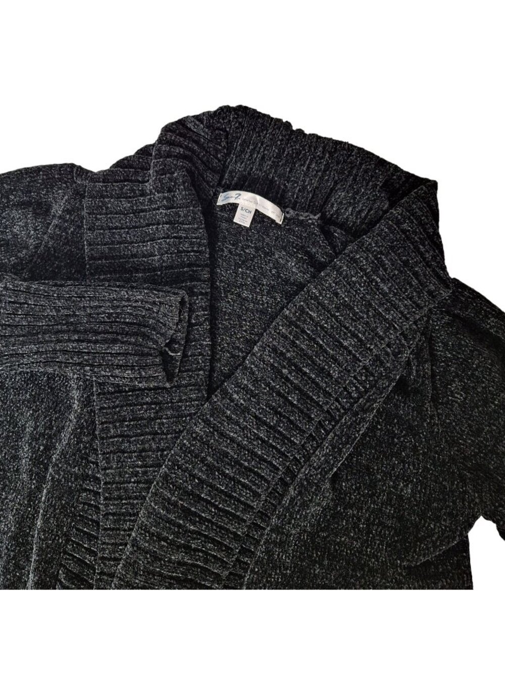 Seven 7 Cardigan Sweater Womens Sm Black Chenille Open Front Knit Shawl Collar